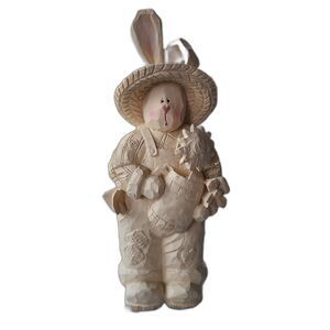 Resin Wood-Look Gardener Bunny Figurine Gardening Statue Shelf Sitter Vintage